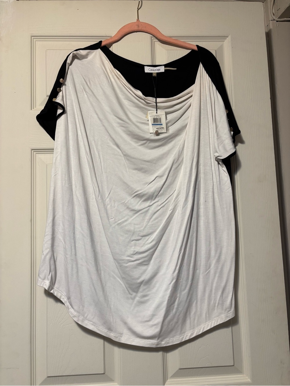 Calvin Klein White Front Black Shoulder Drape Neck Short Sleeve Top